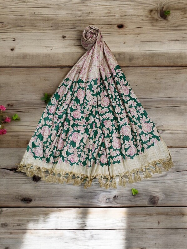 Madhubani Print Pink & Orange Cotton Silk Dupatta for Women