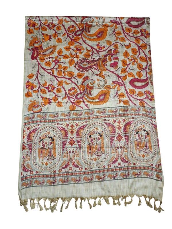 Kalamkari Print Red & Orange Cotton Silk Dupatta for Women