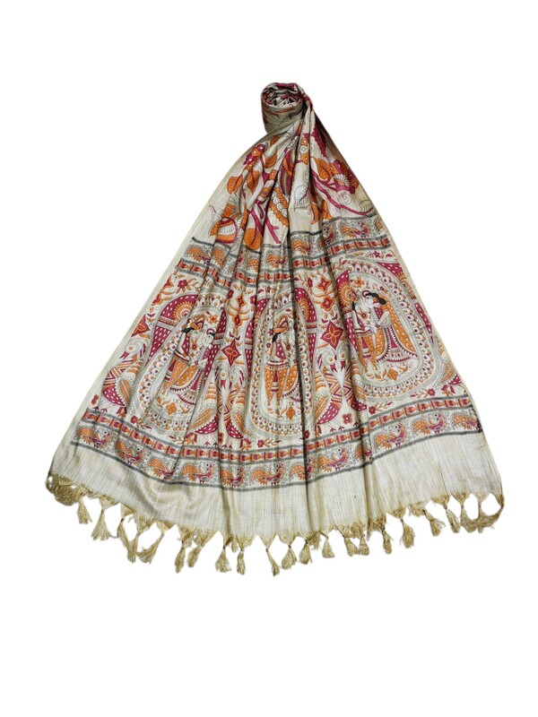 Kalamkari Print Red & Orange Cotton Silk Dupatta for Women