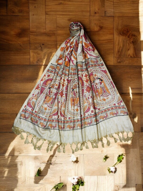 Kalamkari Print Red & Orange Cotton Silk Dupatta for Women