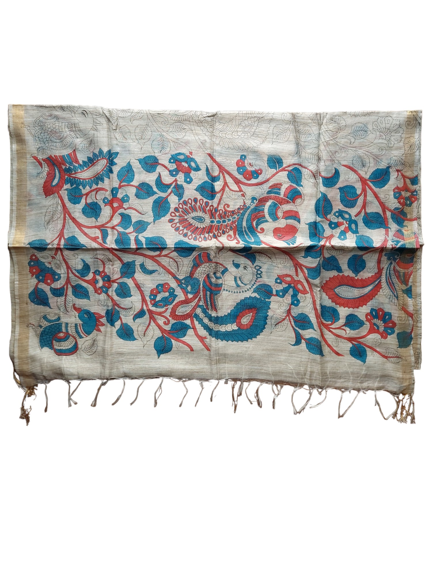 Maroon & Teal Kalamkari Print Cotton Silk Dupatta for Women