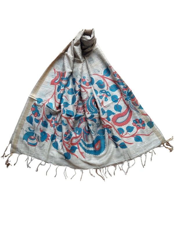 Maroon & Teal Kalamkari Print Cotton Silk Dupatta for Women