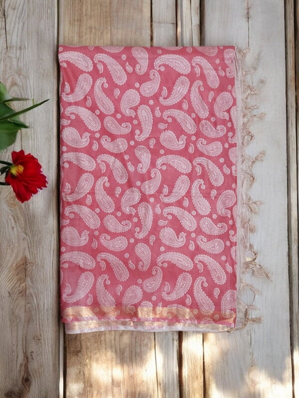 Pink Kalamkari Print Saree with Unstitched Blouse