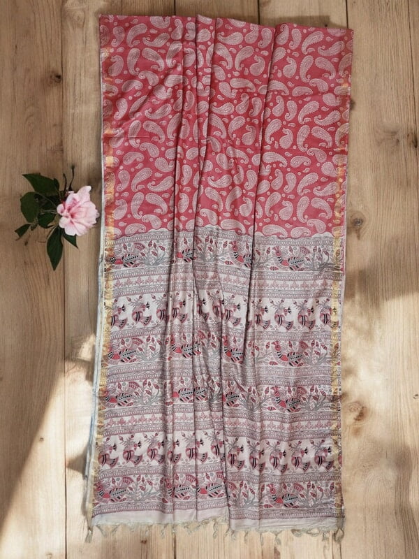 Pink Kalamkari Print Saree with Unstitched Blouse