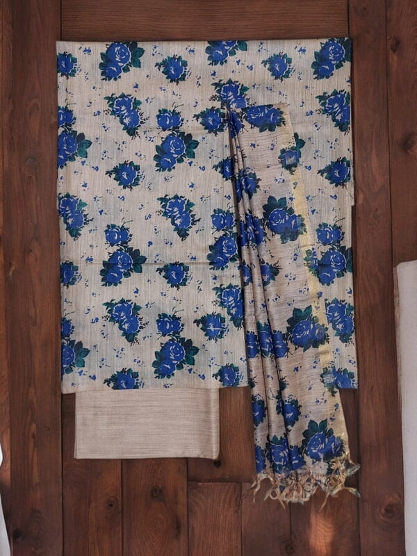 Blue & Green Kalamkari Unstitched Salwar Suit Dress Material with Dupatta