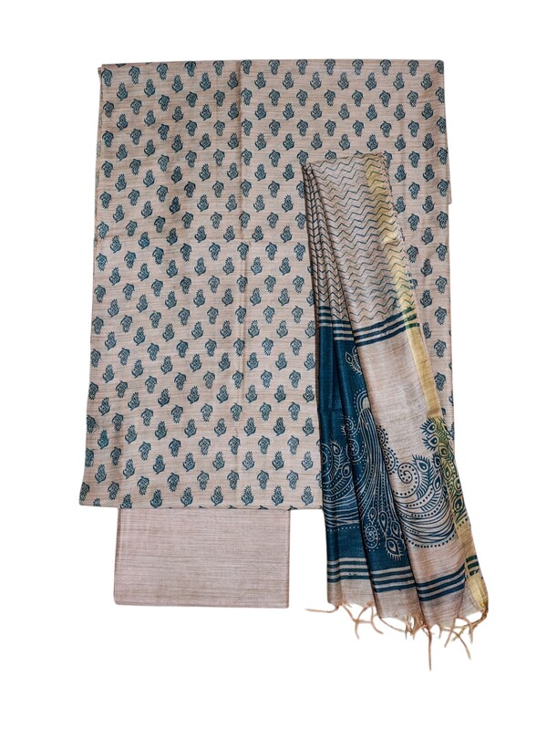 Teal Green Madhubani Print Unstitched Silk Salwar Suit with Dupatta