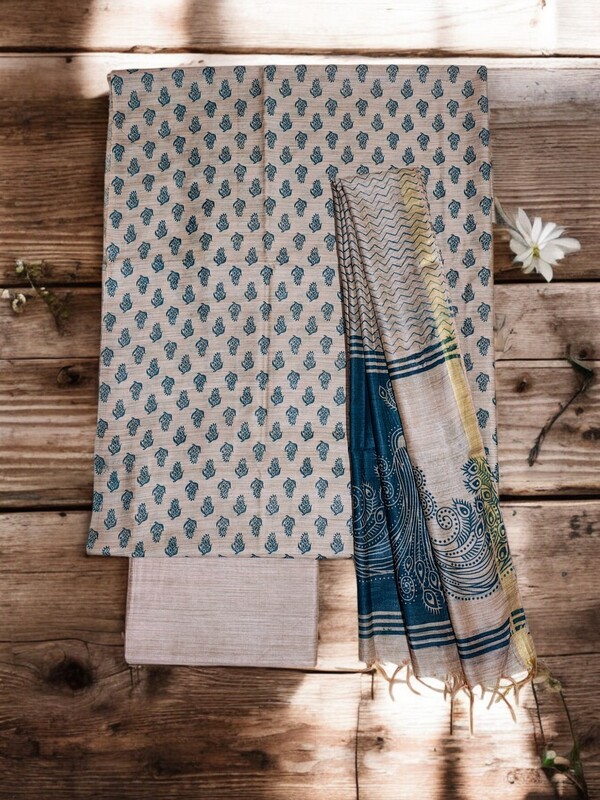 Teal Green Madhubani Print Unstitched Silk Salwar Suit with Dupatta