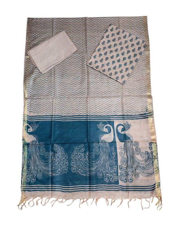 Teal Green Madhubani Print Unstitched Silk Salwar Suit with Dupatta