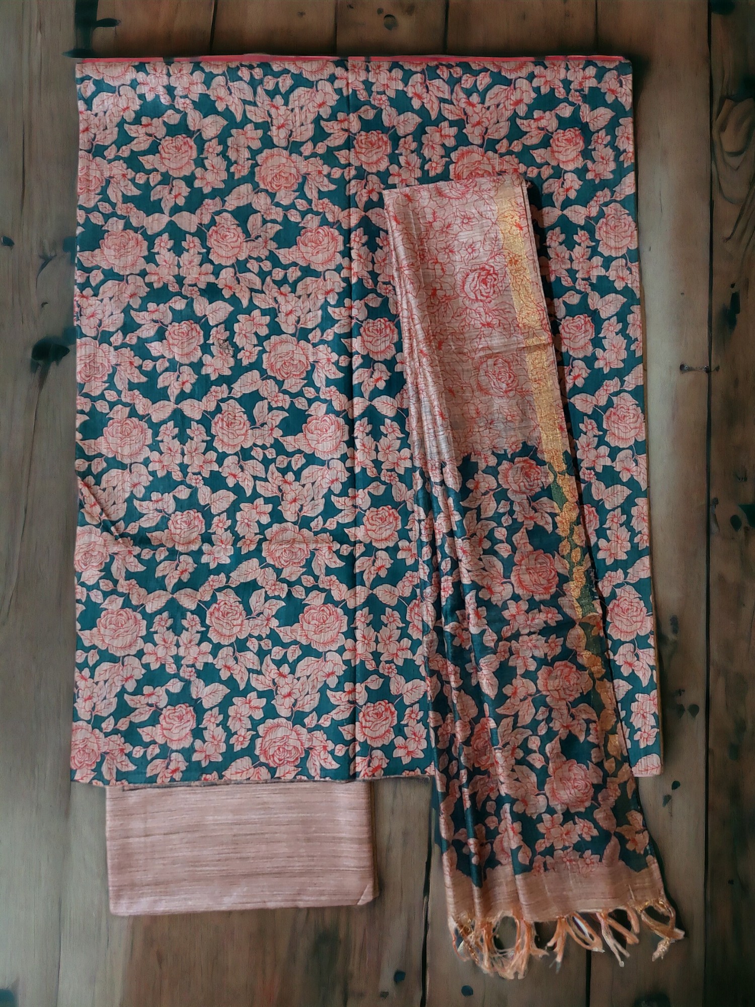 Green & Red Kalamkari Dress Material with Dupatta