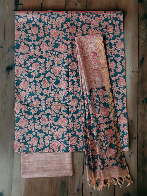 Green & Red Kalamkari Dress Material with Dupatta