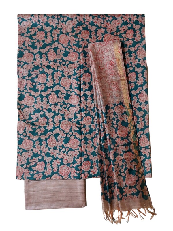 Green & Red Kalamkari Dress Material with Dupatta