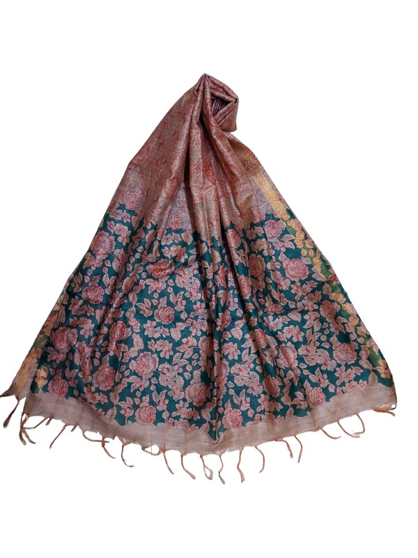 Green & Red Kalamkari Dress Material with Dupatta