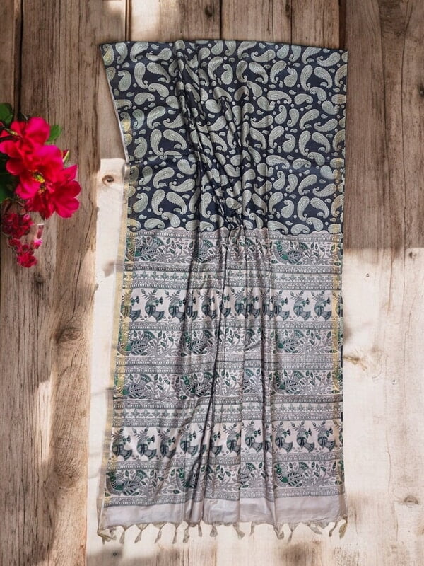Black Kalamkari Print Saree with Unstitched Blouse