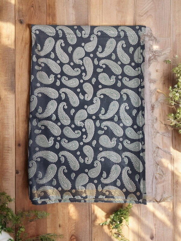 Black Kalamkari Print Saree with Unstitched Blouse