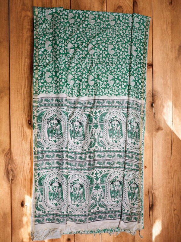 Green Kalamkari Print Saree with Unstitched Blouse