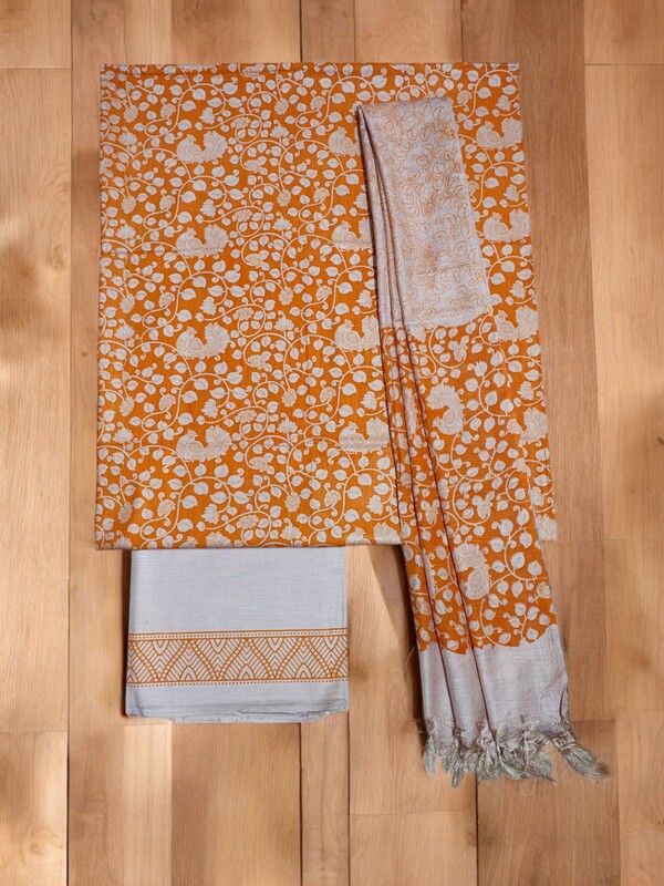 Orange kalamkari Unstitched Salwar Suit Dress Material with Dupatta