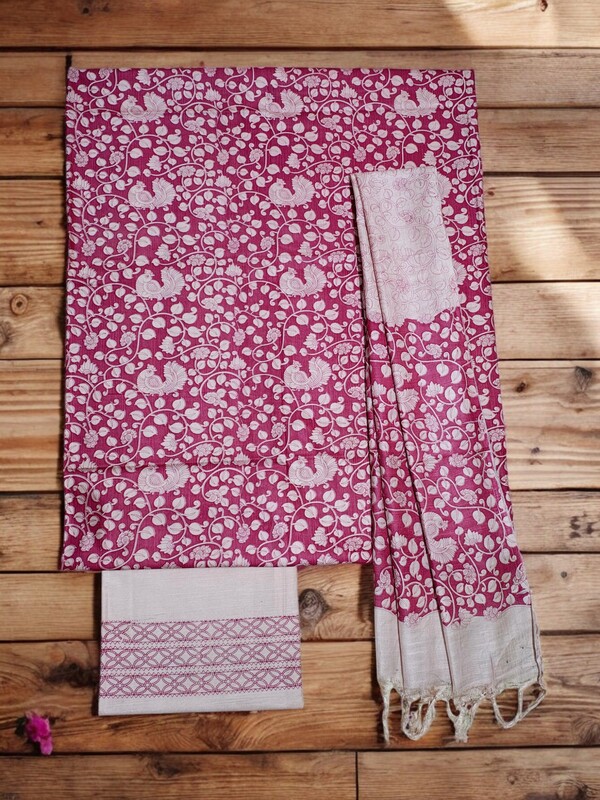 Pink kalamkari Unstitched Salwar Suit Dress Material with Dupatta