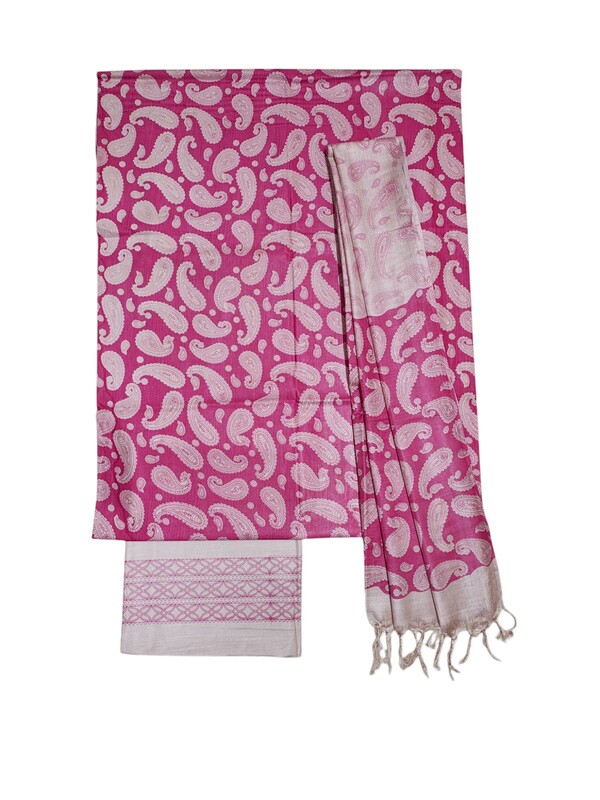 Pink & Green Kalamkari Unstitched Salwar Suit Dress Material with Dupatta