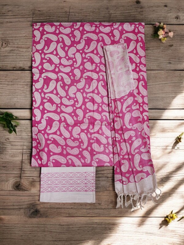 Pink & Green Kalamkari Unstitched Salwar Suit Dress Material with Dupatta