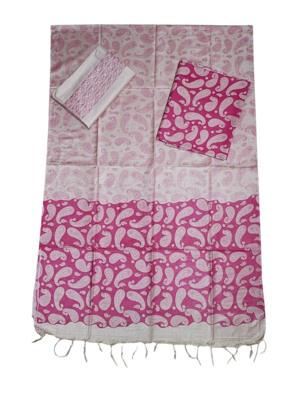 Pink & Green Kalamkari Unstitched Salwar Suit Dress Material with Dupatta