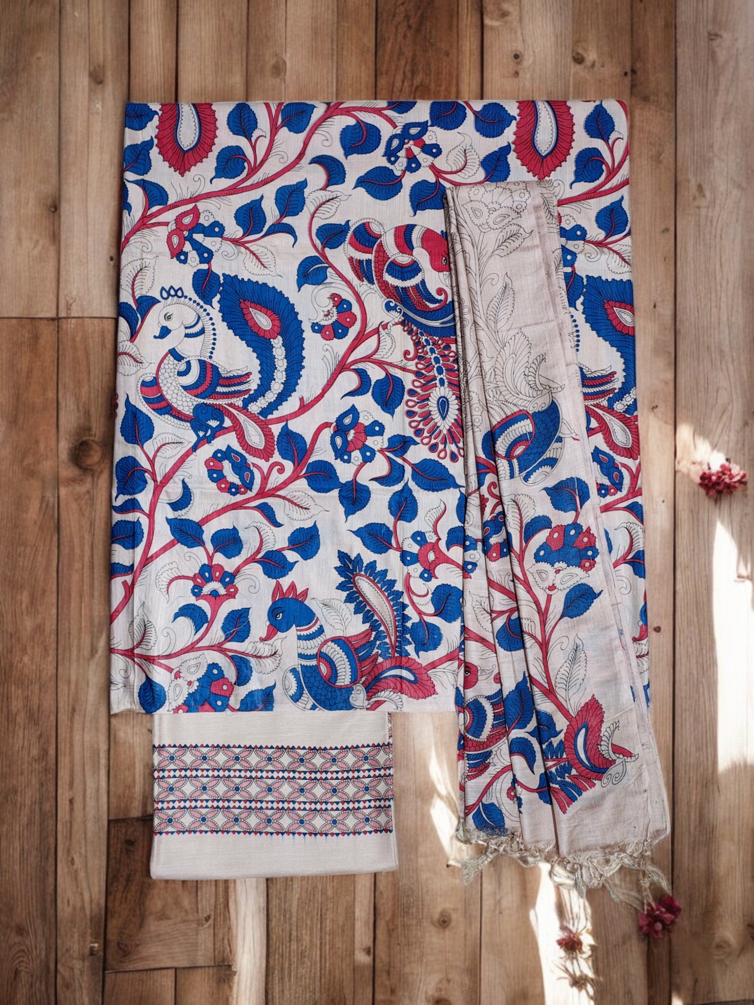 Green & Orange Peacock Kalamkari Unstitched Salwar Suit Dress Material with Dupatta