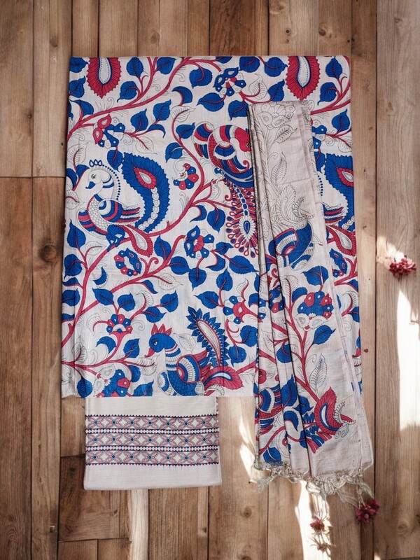 Green & Orange Peacock Kalamkari Unstitched Salwar Suit Dress Material with Dupatta