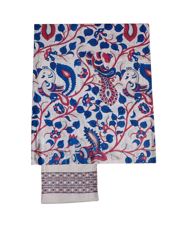 Green & Orange Peacock Kalamkari Unstitched Salwar Suit Dress Material with Dupatta