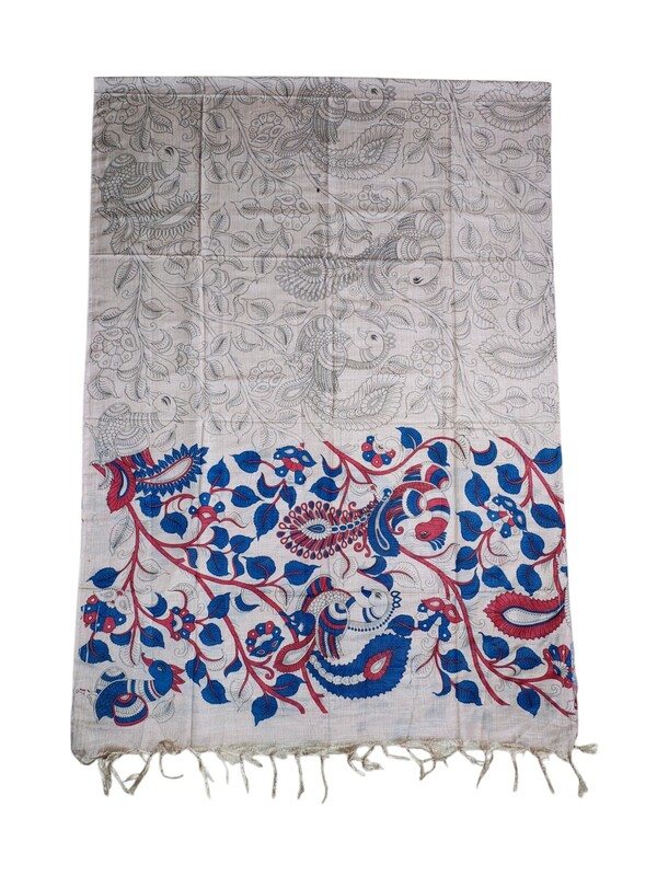 Green & Orange Peacock Kalamkari Unstitched Salwar Suit Dress Material with Dupatta