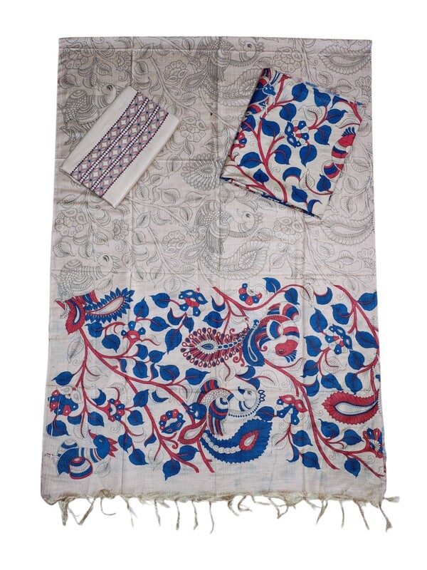 Green & Orange Peacock Kalamkari Unstitched Salwar Suit Dress Material with Dupatta