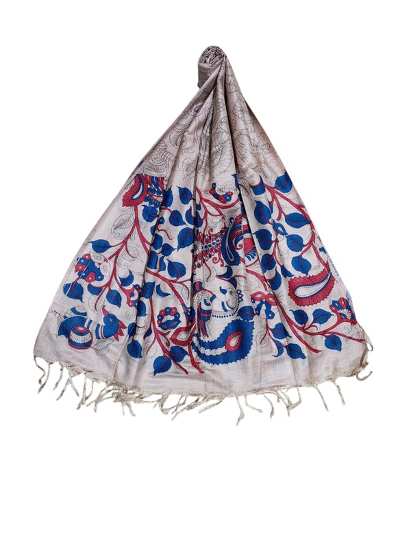 Green & Orange Peacock Kalamkari Unstitched Salwar Suit Dress Material with Dupatta