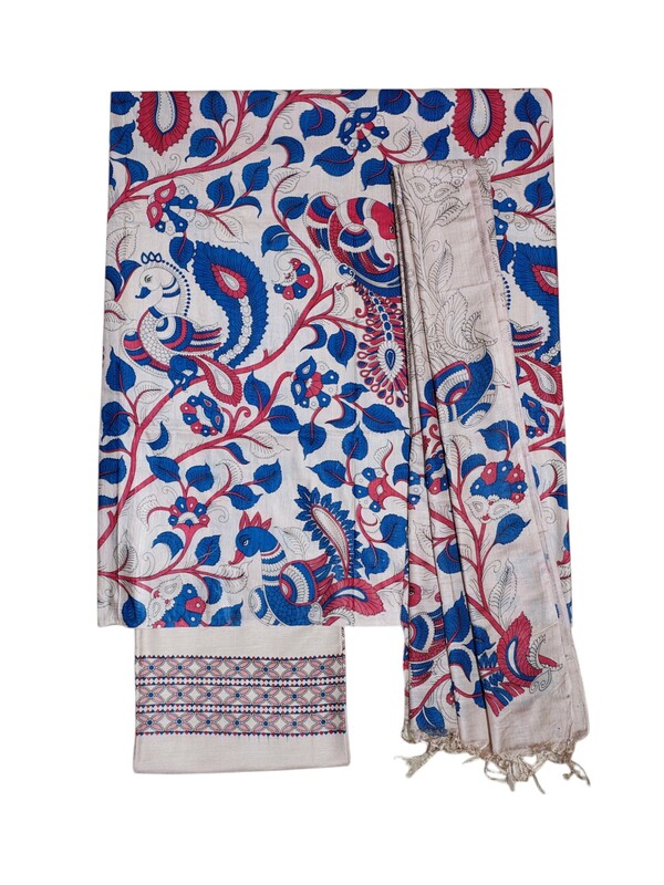 Green & Orange Peacock Kalamkari Unstitched Salwar Suit Dress Material with Dupatta