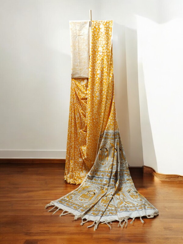 Yellow Kalamkari Cotton Silk Saree with Unstitched Blouse