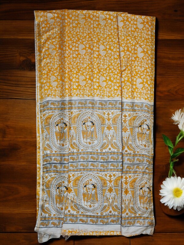 Yellow Kalamkari Cotton Silk Saree with Unstitched Blouse