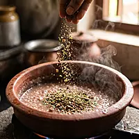 Karkidaka Kanji herbal powder being prepared — fresh, natural ingredients