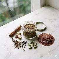 Karkidaka Kanji Kit ingredients — Njavara rice and herbal powder blend