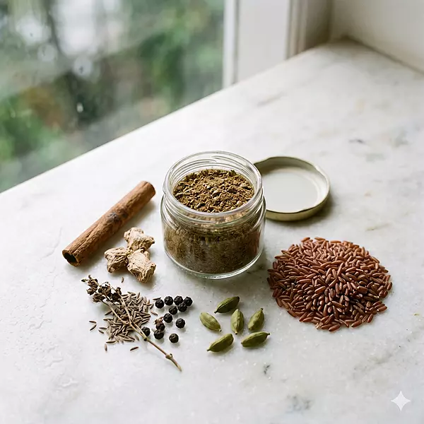 Karkidaka Kanji Kit ingredients — Njavara rice and herbal powder blend