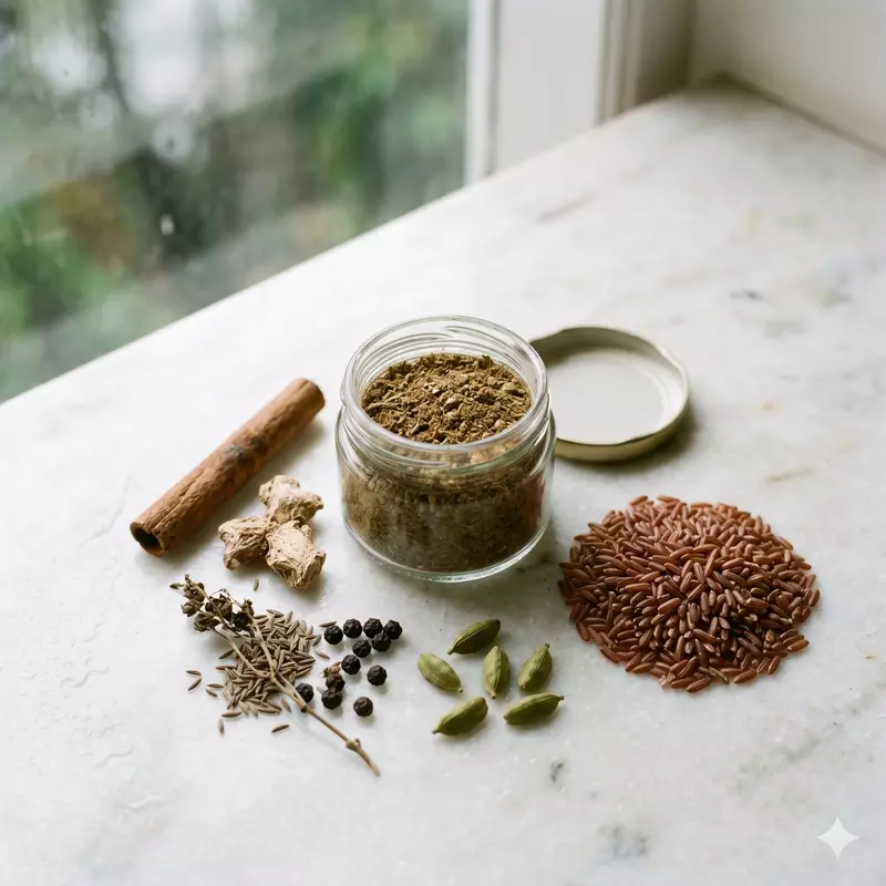Karkidaka Kanji Kit ingredients — Njavara rice and herbal powder blend