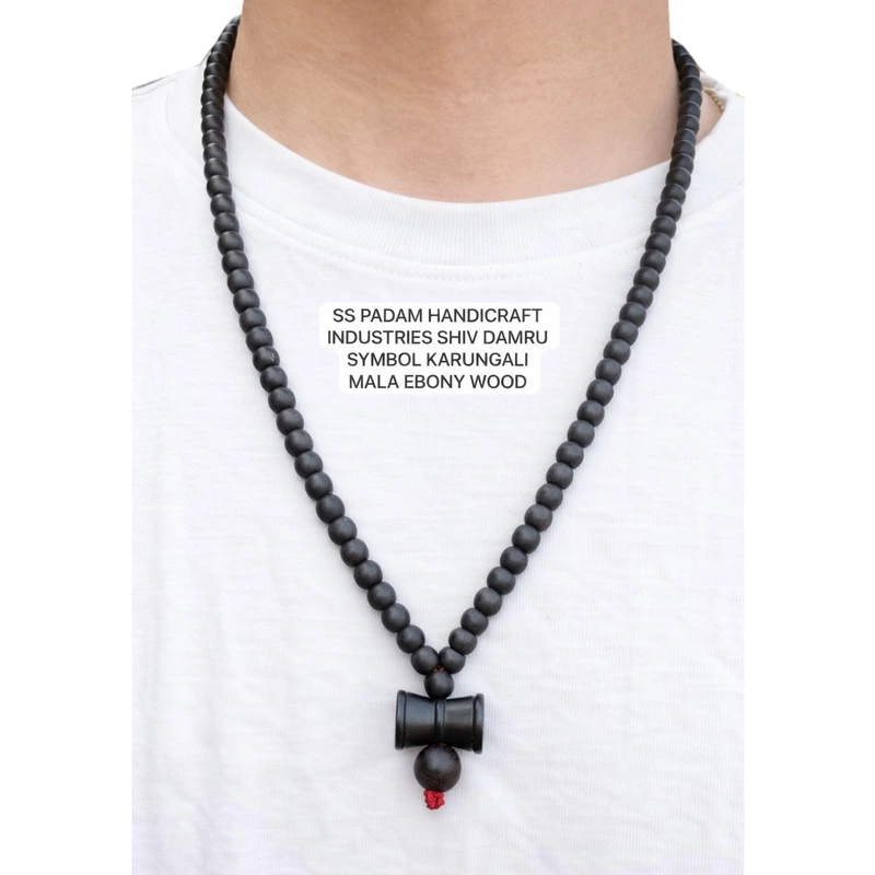 6MM Black Ebony Wood Karungali Shiv Damru Pendant Mala