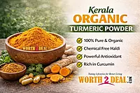 Kerala organic turmeric powder 200g with benefit highlights and Worth2Deal brand logo
