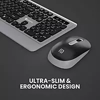 Portronics POR-1569 Wireless Combo Set – Grey features a stylish design, wireless keyboard, and mouse for an organized workspace.