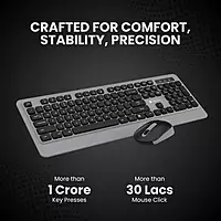 Portronics POR-1569 Wireless Combo Set – Grey features a stylish design, wireless keyboard, and mouse for an organized workspace.
