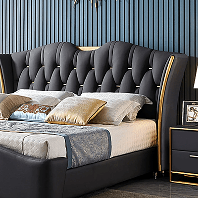 Vikinterio Luxury White Leather Bed, King Size Bed Frame, Bed Room Furniture