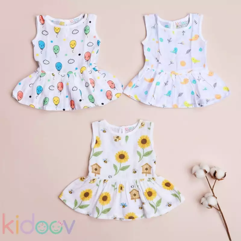 Muslin Frock Button Baby Dress | Organic Cotton Baby Clothing | Set of 3