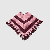 (1-2 Years) Handknitted Kids Woolen Poncho, Pink and Burgundy Striped