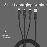 Portronics POR 1313 Konnect A Trio 3-in-1 Cable – Micro USB, Lightning, Type-C, Nylon Braided, Black