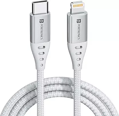 Portronics Konnect L – 20W PD Type-C to Lightning Cable, White. Fast charging and data transfer, durable design, compatible with iPhone and iPad. Perfect for on-the-go charging needs.