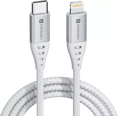 Portronics Konnect L – 20W PD Type-C to Lightning Cable, White. Fast charging and data transfer, durable design, compatible with iPhone and iPad. Perfect for on-the-go charging needs.