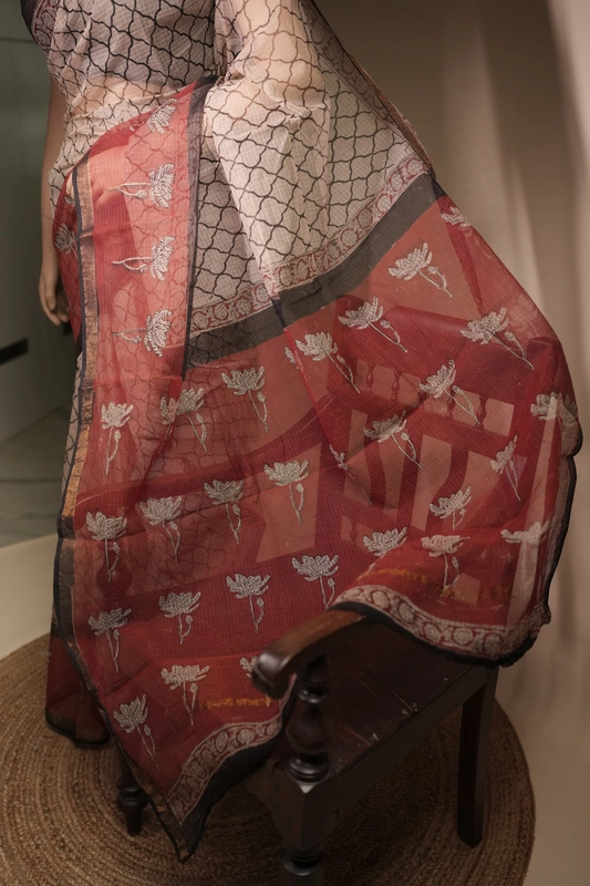 Kota Doria - Beige with Whole Body block Prints and Red Border