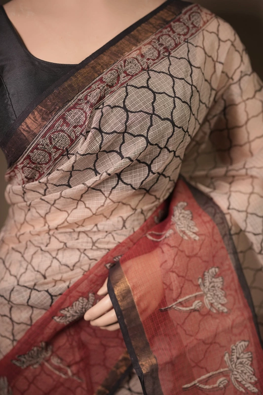 Kota Doria - Beige with Whole Body block Prints and Red Border