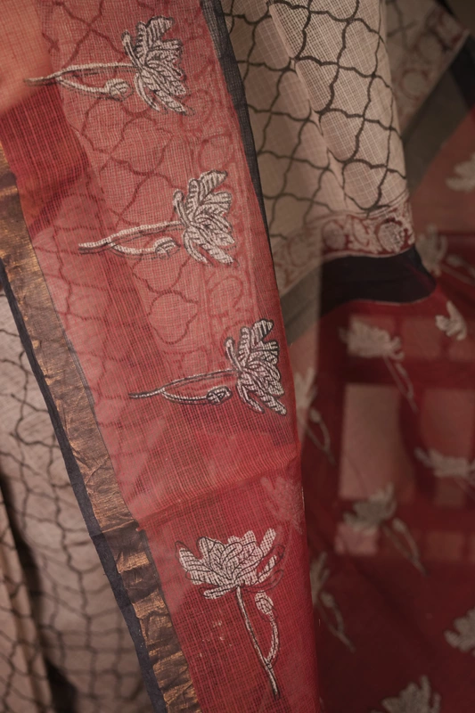 Kota Doria - Beige with Whole Body block Prints and Red Border